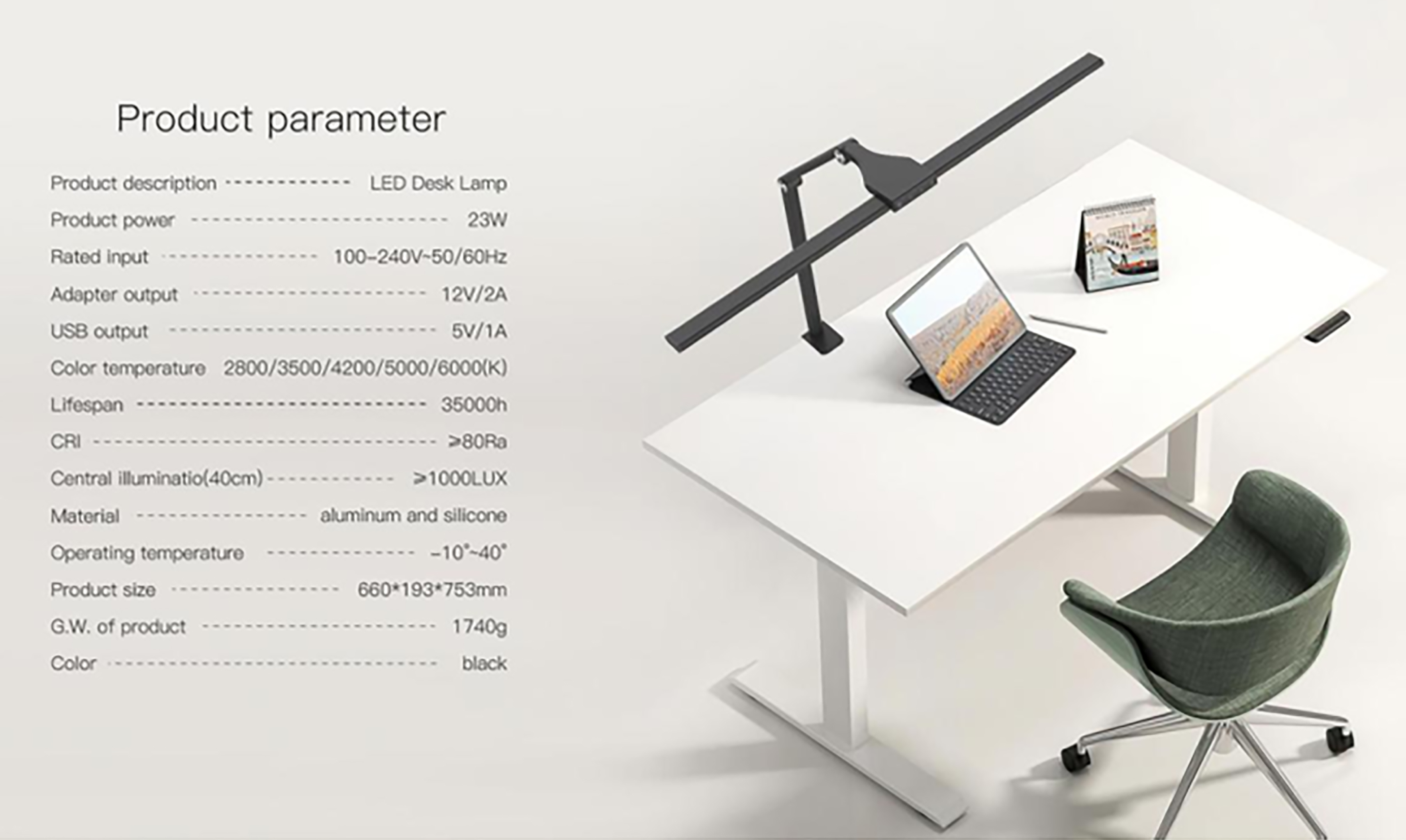 โคมไฟโต๊ะ ทำงาน เขียนแบบ การควบคุมระยะไกลไร้สาย เพื่อการควบคุมแสงสว่างที่ง่ายดาย แสง 5 อุณหภูมิสี ความสว่างสูง Lumen is 1,400LM 23 วัตต์